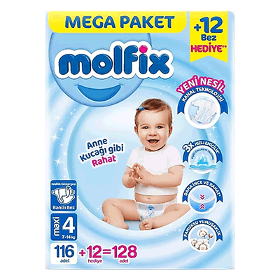 پوشک چسبی مولفیکس حاوی عصاره آلوئه ورا و بابونه سایز 4 بسته 128 عددی(واردات قانونی از منطقه آزاد ارس)